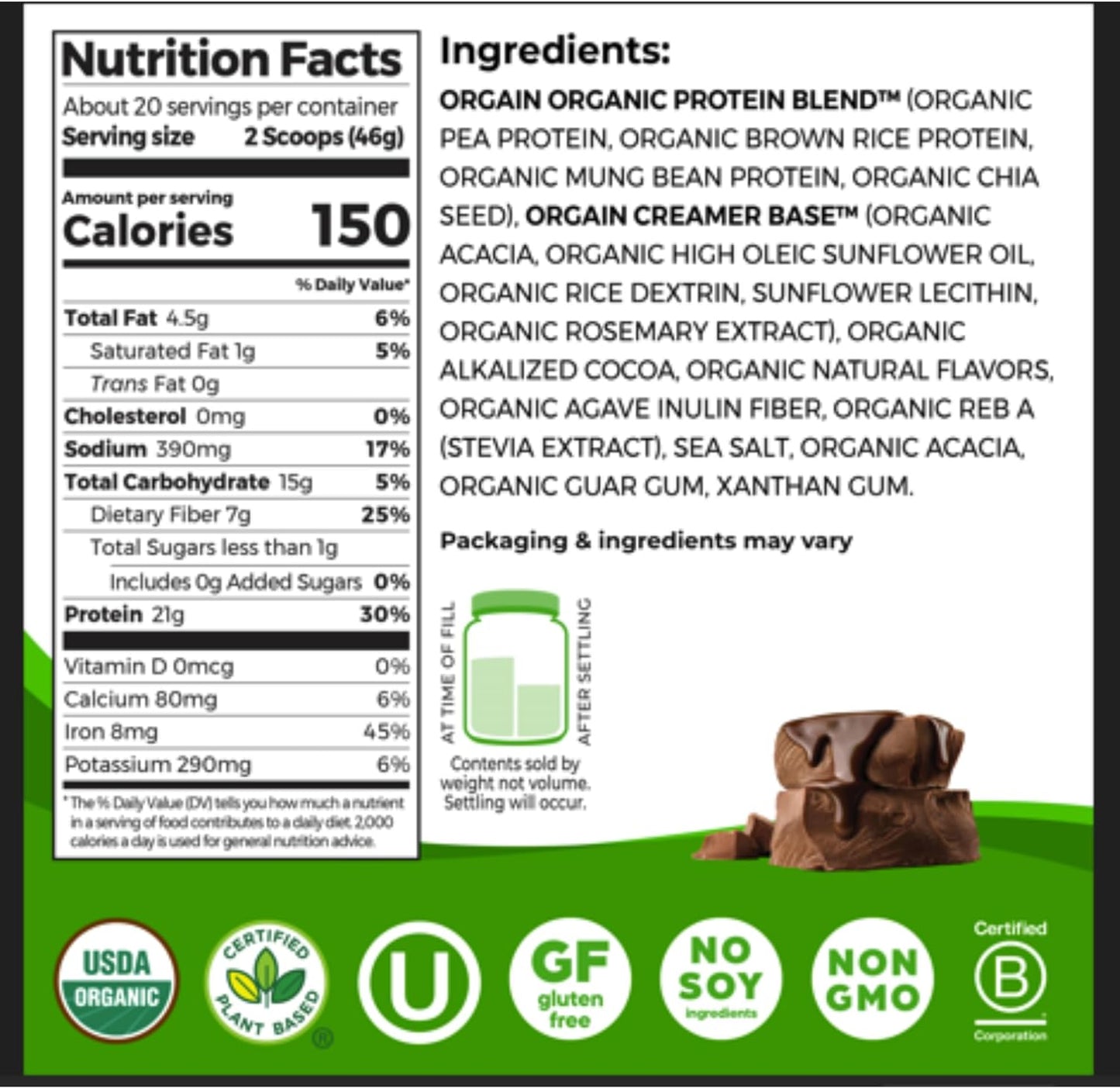 Orgain Organic Vegan Protein Powder (Chocolate Fudge) 2.03 lbs