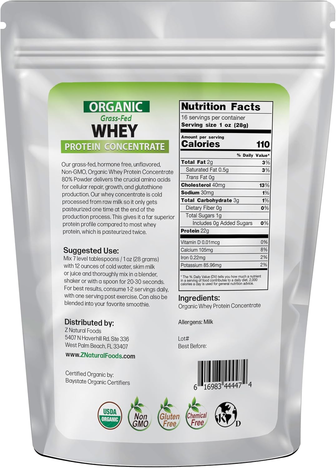 Z Natural Foods Organic Whey Protein Concentrate (Unflavored) 1 lb