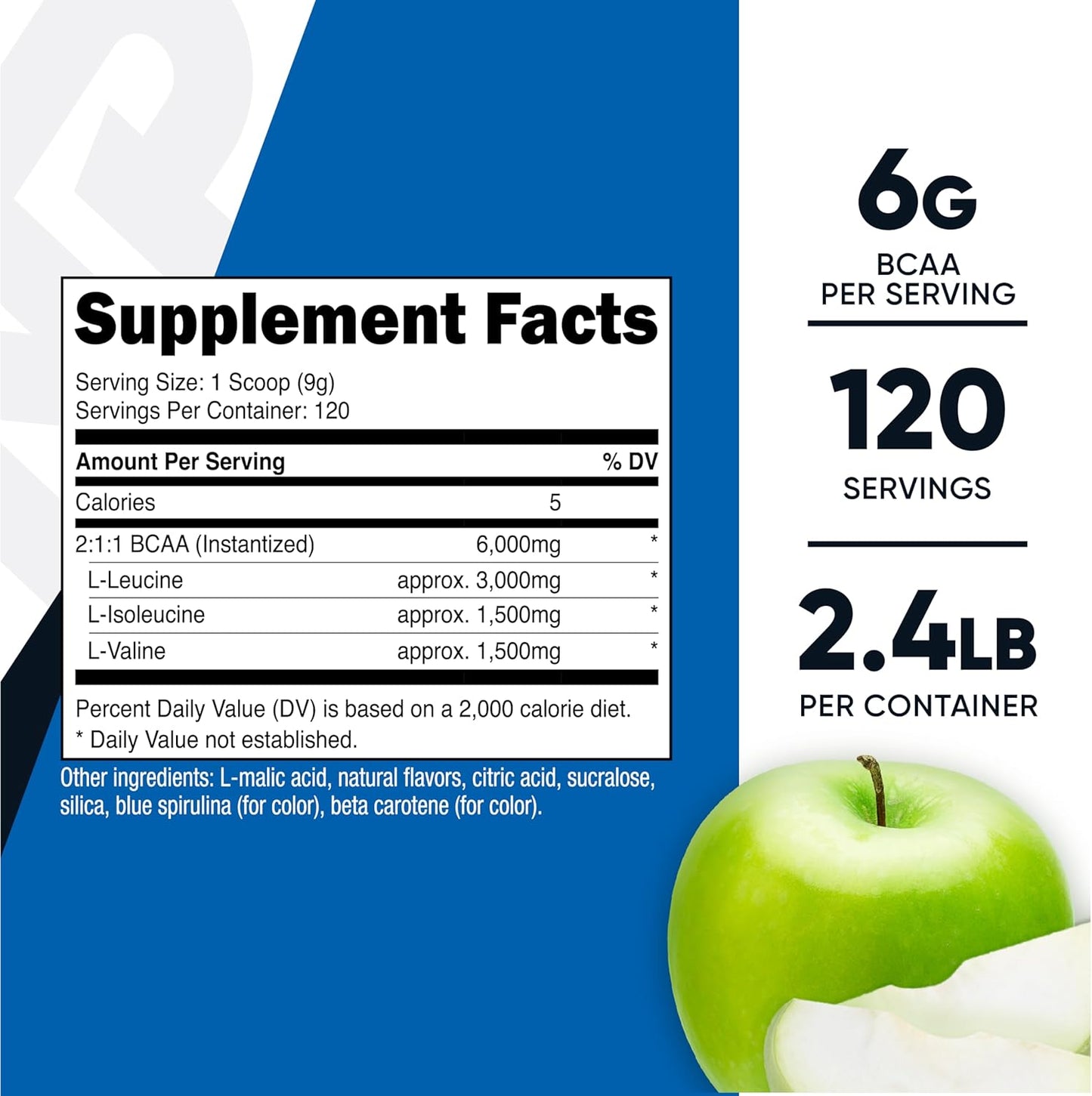 Nutricost BCAA Powder (Green Apple Flavor) 120 Servings